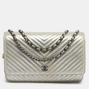 Chanel Silver Laminated Leather Wallet On Chain